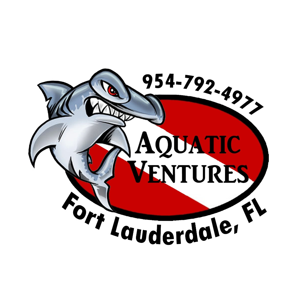 Logo of Aquatic Ventures with a shark and contact information on a white background