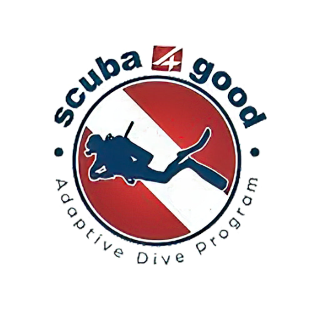 Logo of Scuba Good Adaptive Dive Program with a diver silhouette on a red and white background.