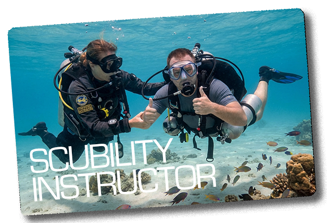 Two scuba divers underwater with 'Scubability Instructor' text overlay.