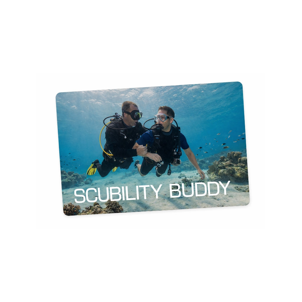 Two scuba divers underwater with 'Scubility Buddy' text on a card.