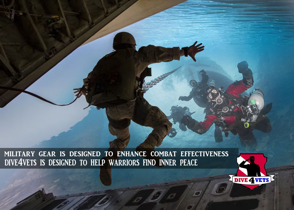 Two soldiers jumping from an airplane with a text overlay about military gear and inner peace.