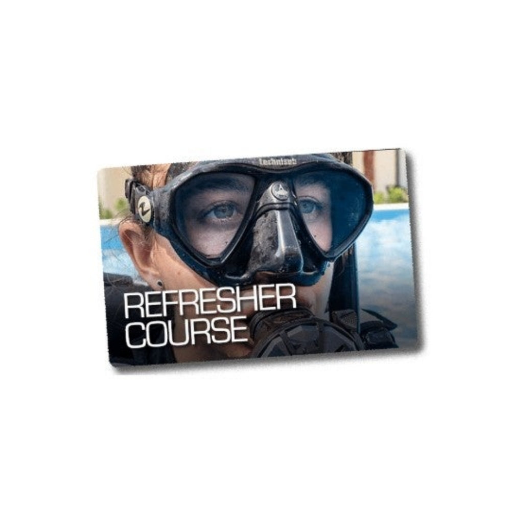 Person wearing a diving mask with 'Refresher Course' text overlay on a white background